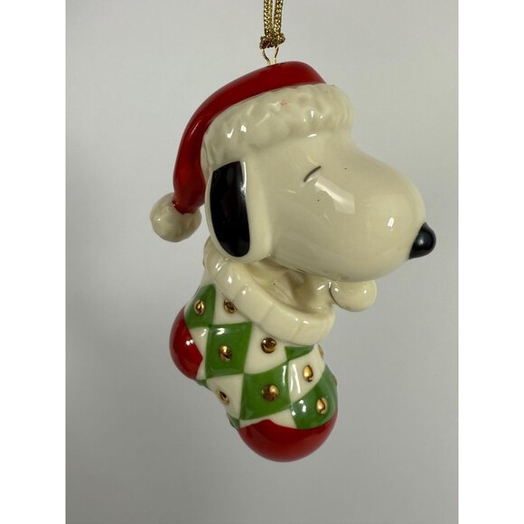 Lenox Snoopy Christmas Ornament • Peanuts Santa Snoopy in Stocking • Porcelain H - Picture 1 of 7